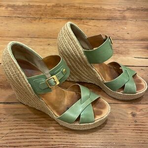 Hunter Anegada Espadrille Wedge Womens Size 6 Tan Leather Straps Peep Toe Buckle